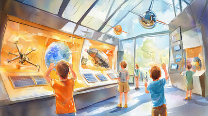 Children exploring interactive science exhibit featuring space exploration models, solar panels, and educational displays in bright, modern museum setting