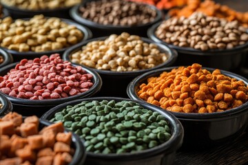 Variety of dry pet food in black bowls displaying different colors, shapes, and textures