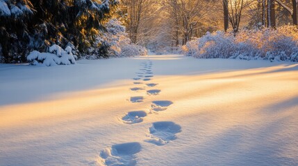 A pathway through the snow with fresh footprints, suggesting a journey in the quiet winter setting