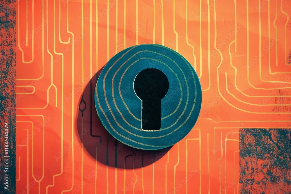 Poster blue round keyhole shape over an orange circuit board pattern background representing cybersecurity