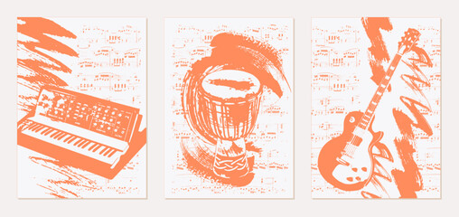 Set of musical backgrounds. Vintage templates with synthesizer, djembe, guitar on the background of sheet music. Vector. Abstract brush strokes with paint texture.
