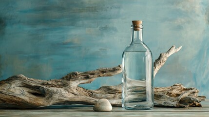 Obraz premium A serene still life of driftwood and a glass bottle of distilled water, capturing a sense of purity.