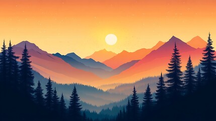 Obraz premium A breathtaking alpine sunset with the sky painted in warm colors, and the silhouettes of pine trees and mountain ridges creating a dramatic contrast 
