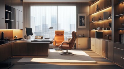 Modern luxury office with city view, wooden furniture, and large window.