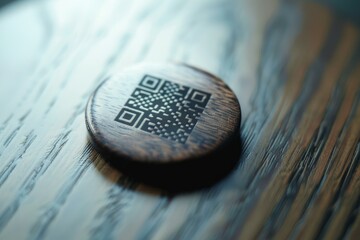 Round wooden keychain showing a qr code is resting on a table