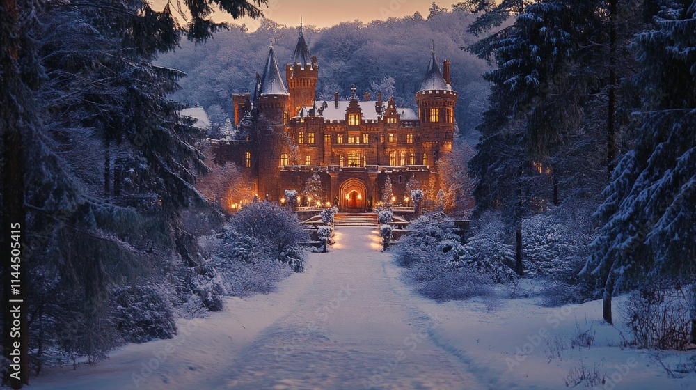 Poster scenic winter view of a grand castle surrounded by frosted trees. a glowing path of lights leads to 