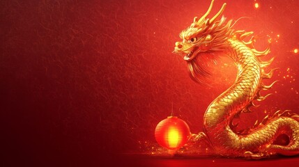 Obraz premium A minimalist Chinese New Year background with a bold red and gold color scheme, featuring a single golden dragon coiled around a glowing red lantern