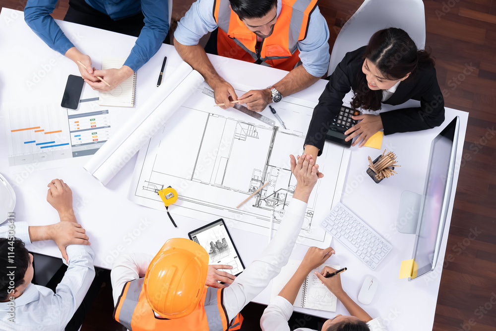 Poster Top view banner of diverse group of civil engineer and client working together on architectural project, reviewing construction plan and building blueprint at meeting table. Prudent