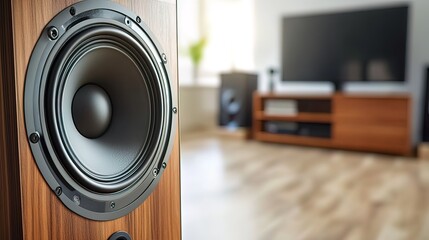 Close-up of a wooden loudspeaker in a living room.