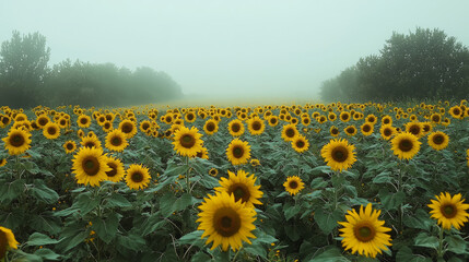 Obraz premium Morning fog envelops a vibrant sunflower field with lush greenery