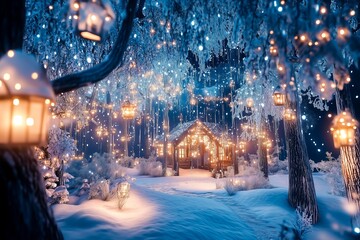 Festive shining fairytale snowy winter wonderland forest with illuminated wooden hut in the snowfall, icicles, glowing lanterns at night. AI generated illustration.