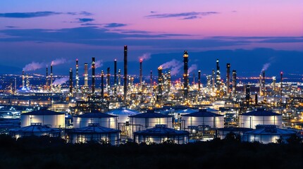 Fototapeta premium Oil Refinery Plant at Twilight Aerial View of Oil and Gas Industry Factory and Storage Tanks in Industrial Zone