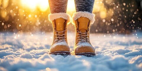 Fleece-lined leggings provide warmth and comfort in snowy settings, perfectly complementing stylish winter boots against a backdrop of golden sunlight.
