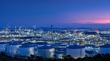 Naklejka premium Oil Refinery Plant at Twilight Aerial View of Oil and Gas Industry Factory and Storage Tanks in Industrial Zone