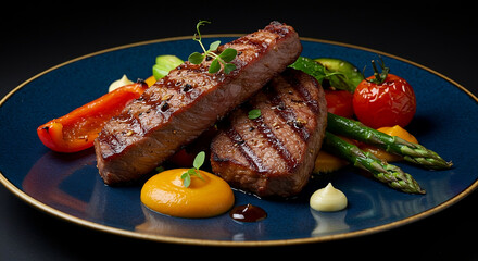 A plate of two grilled steaks served with a colorful assortment of roasted vegetables, including bell peppers, asparagus, and cherry tomatoes.