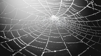 Obraz premium A spiderweb covered in sparkling dew drops, with soft sunlight shining through.