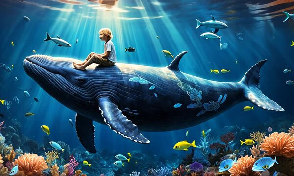 A young boy is sitting on the back of a whale in the ocean