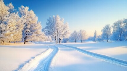 Obraz premium A serene winter landscape featuring snow-covered trees and a clear blue sky, creating a tranquil and picturesque scene