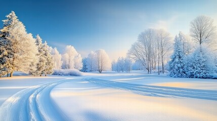 Obraz premium A serene winter landscape featuring snow-covered trees and a clear blue sky, creating a tranquil and picturesque scene