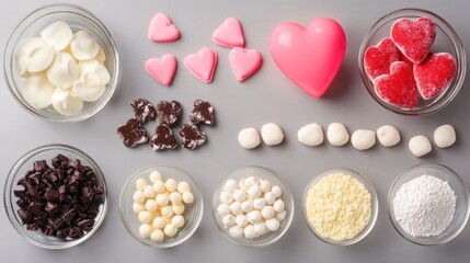 Valentine's Day baking ingredients chocolate, candy hearts, sprinkles, and marshmallows.