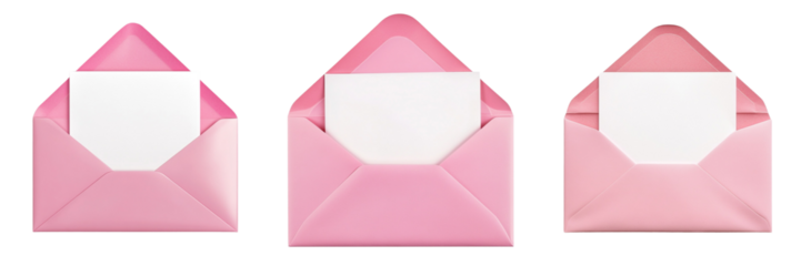 Set of A 3D vector icon of an open envelope with a red heart inside on transparent png background