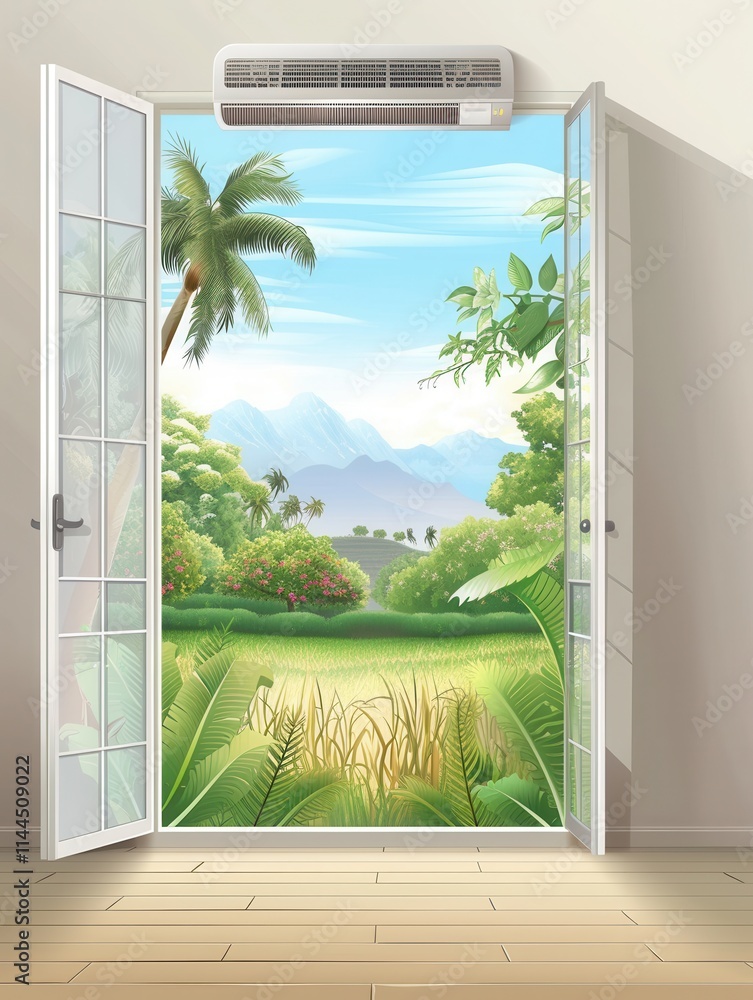 Poster air conditioner mounted on wall next to a wide open window revealing lush green landscape with dista