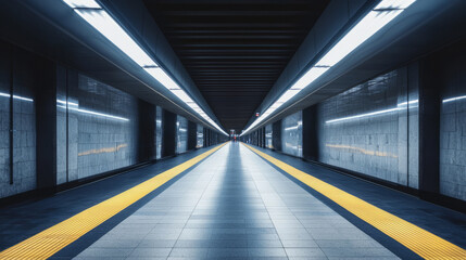 Fototapeta premium Empty subway platform with glowing lights and modern design