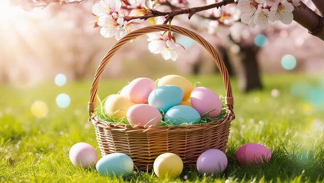 Asket overflowing with pastel-colored Easter eggs sits on a grassy meadow beneath a blossoming cherry tree, bathed in soft, golden sunlight, creating a serene and vibrant spring scene. The focus shoul