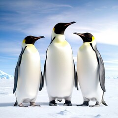 Fototapeta premium Three emperor penguins standing on snow under a clear sky.