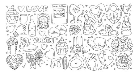 Sketchy thin lined hand drawn doodles cartoon big set of Love and Valentine s Day objects and symbols Vector romantic illustration
