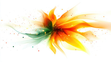 A bold and energetic abstract firework design with golden orange and emerald green flares, bursting dynamically with smooth curved streaks, isolated against a pure white background, modern graphic art