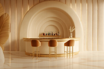 A minimalist modern bar interior with arch-shaped designs, neutral tones, and sleek stools creating an elegant aesthetic