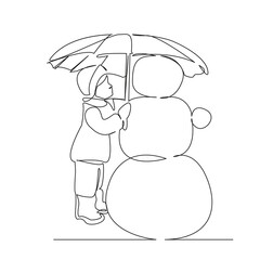 One continuous single drawing line art flat doodle girl covers snowman with umbrella saves snowman winter fun. Isolated image hand draw contour on a white background, hand drawn