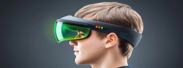 Young Boy Wearing Innovative Augmented Reality Glasses with Futuristic Design and Green Lenses, Ideal for Technology and Education Concepts