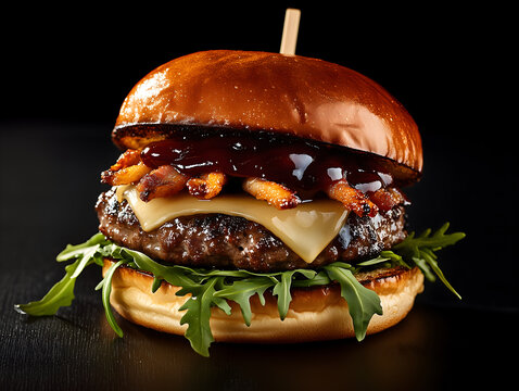 A juicy gourmet beef burger with melted cheese, fresh arugula, crispy bacon, and barbecue sauce in a shiny brioche bun. A mouthwatering presentation on a dark background.