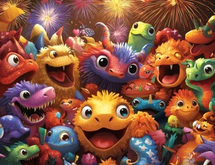 Fototapeta premium Colorful Monsters Celebrate New Year