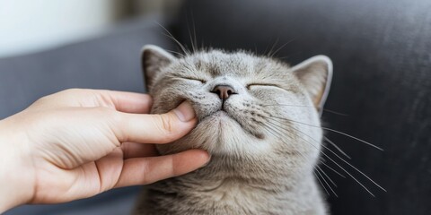 A Joyful and Playful Cat Happily Enjoying a Gentle and Soothing Scratch Under Its Chin with Delight