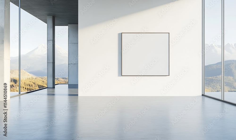 Poster Minimalist Interior with Large Blank Canvas and Panoramic Mountain Views from Glass Walls : Generative AI