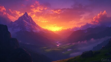 The silhouette of towering alpine mountains against a vivid orange and purple sunset sky, with lush green valleys below bathed in soft twilight 