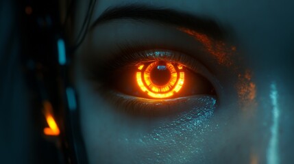 A captivating close-up of a glowing orange cybernetic eye with detailed textures, futuristic aesthetics, and synthetic elements. Perfect for AI and sci-fi visuals.. AI Generation