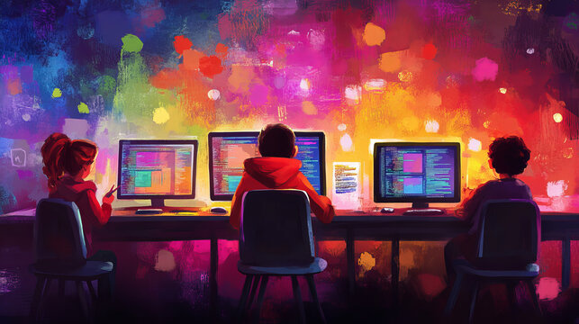 Students engaged in creative coding lessons, working diligently on computers in vibrant, colorful environment that inspires innovation and collaboration