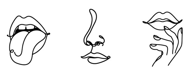 Minimalist line art with open lips, a nose and lips in profile, and a hand touching lips. Modern design, ideal for prints, logos, or graphic design.