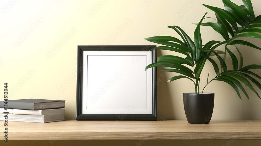 Poster minimalist workspace with blank frame and potted plant for modern interior design : generative ai