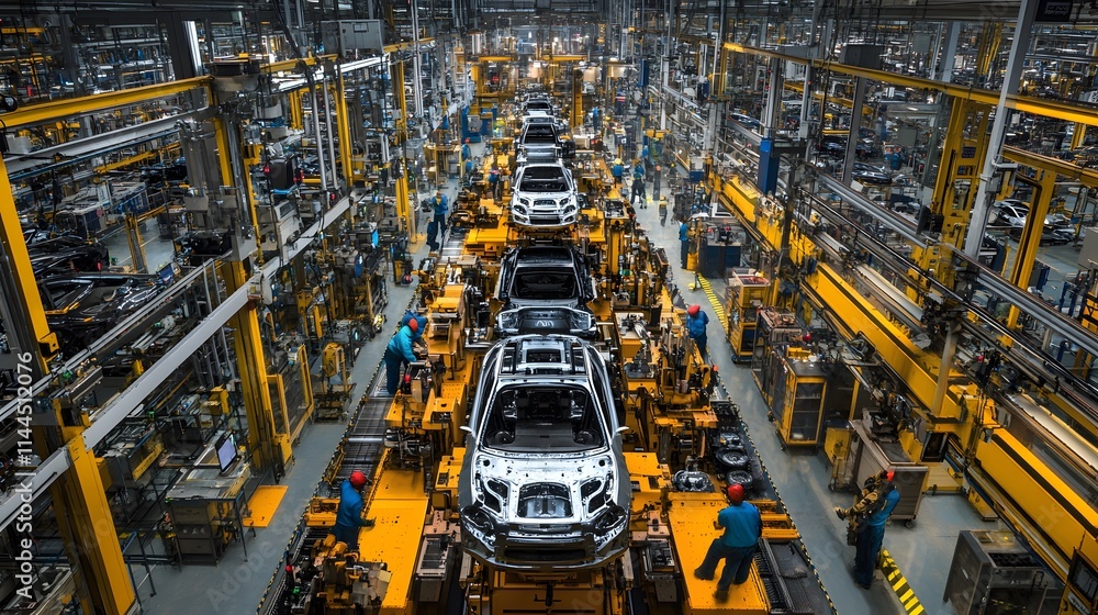 Poster aerial view of a car assembly line in a large factory.