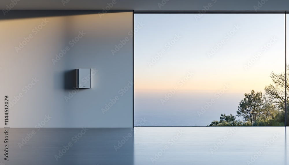 Poster modern minimalist open space with panoramic ocean view at dawn : generative ai