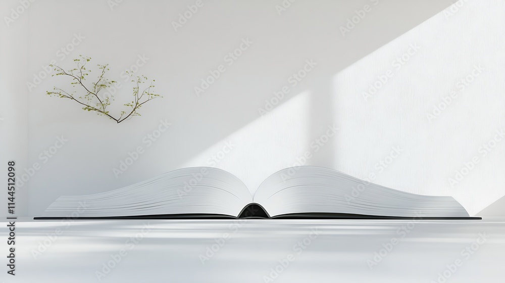 Poster open book amidst minimalistic background with subtle natural light and greenery : generative ai