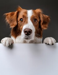 brown and white dog is staring at a blank white board. The dog appears to be curious about the board and is looking at it intently