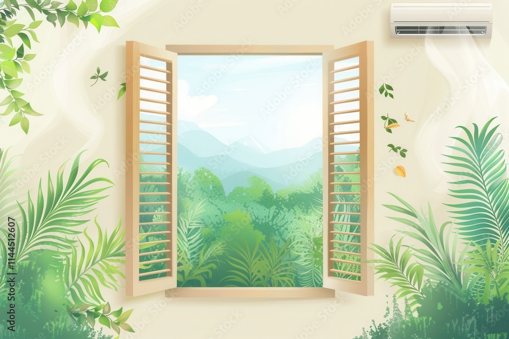 Aufkleber Air conditioner mounted on wall next to an open window with a lush green view in a tranquil setting. Generative AI