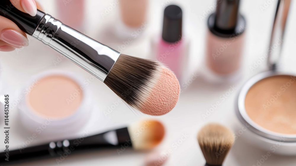 Poster makeup application process with various cosmetics on a table and a brush in focus
