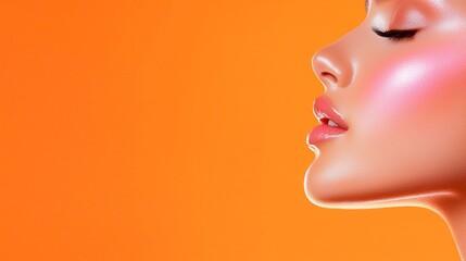 A close-up profile of a woman with glowing skin against a vibrant orange background, highlighting beauty and radiance.